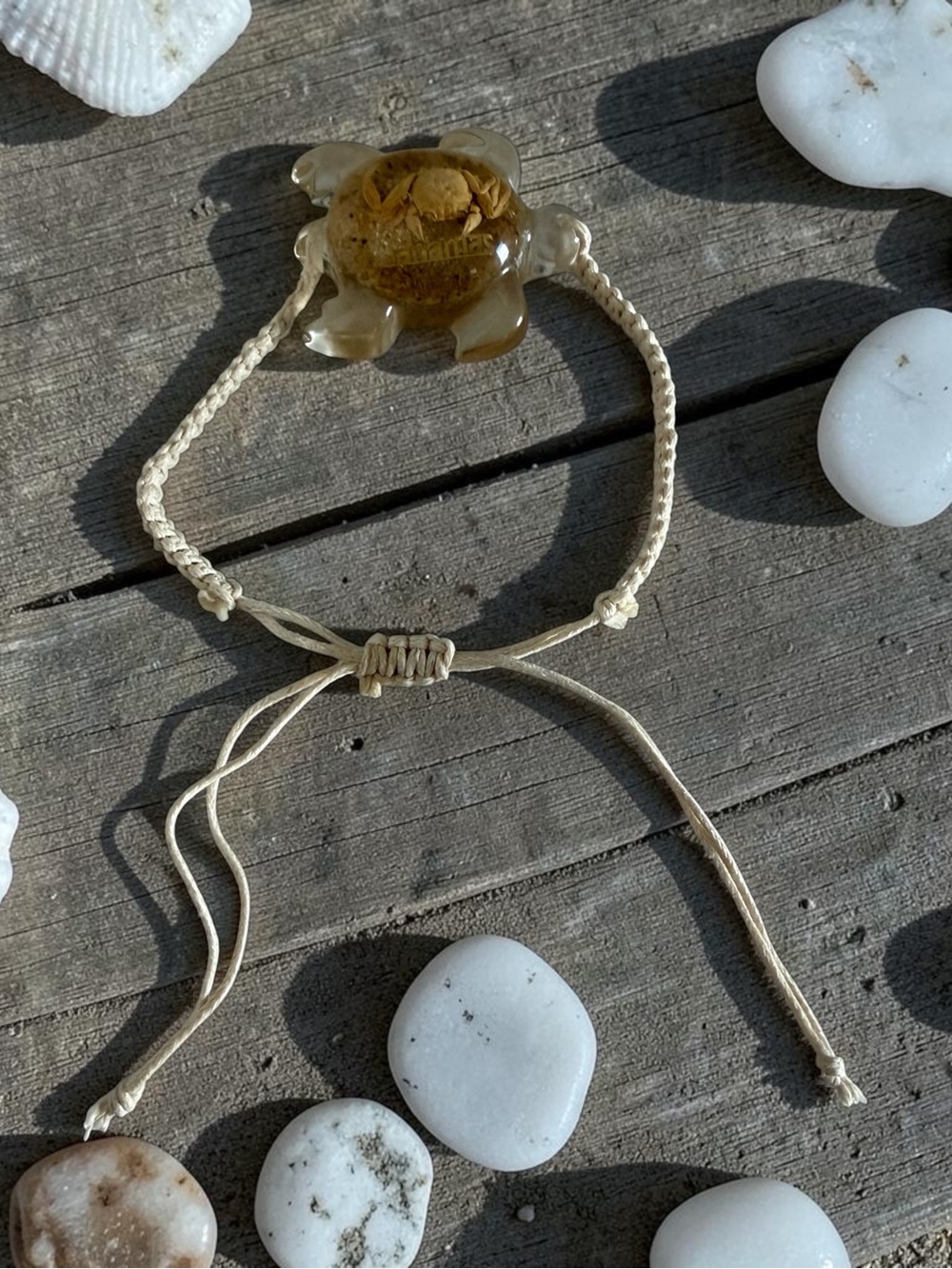 Turtle Resin Charm Adjustable Macrame Bracelet - Beige Cord